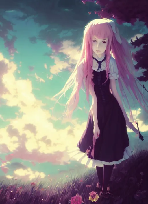 Image similar to portrait of gothic alice from wonderland, cloudy sky background lush landscape illustration concept art anime key visual trending pixiv fanbox by wlop and greg rutkowski and makoto shinkai and studio ghibli