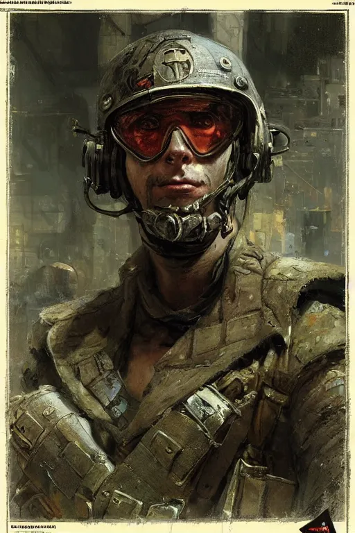 Image similar to a world war 2 cyberpunk soldier, upper body, highly detailed, intricate, sharp details, dystopian mood, sci-fi character portrait by gaston bussiere, craig mullins, inspired by graphic novel cover art