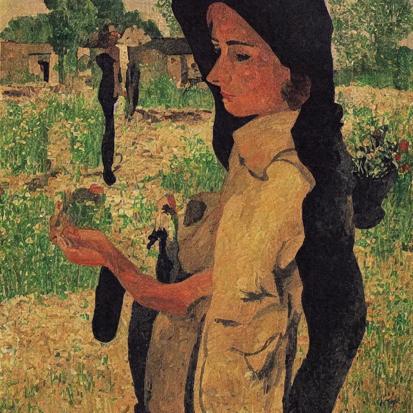 Image similar to a portrait illustration of a women in rural france by felice casorati, impressionism, expressionism