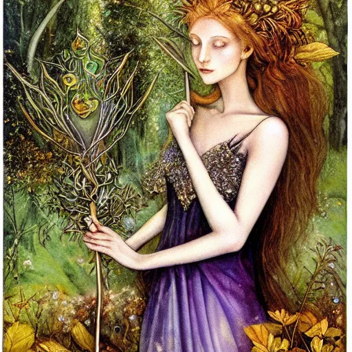 Prompt: fey queen of the summer forest, dress of leaves, fine features, holding a golden scepter, thin, young, silver shimmering hair, by brian froud, dusk scene, night colors, oil on canvas, oil panting