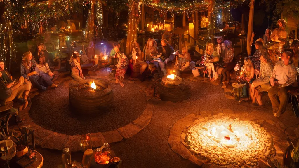 Image similar to party at midnight, bay area, peyote colors, fire pit, hot tub, candles, people, cozy, warm, beautiful, cozy environment, ornate, intricate, glowing emitting light ornaments, 8 k, rule of thirds, cinematic, highly detailed, movie still