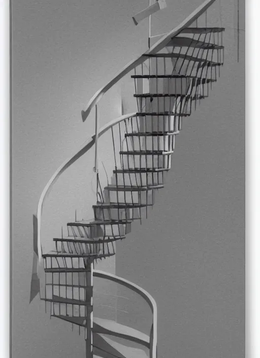 Image similar to an axonometric view of a spiral staircase by theo van doesburg