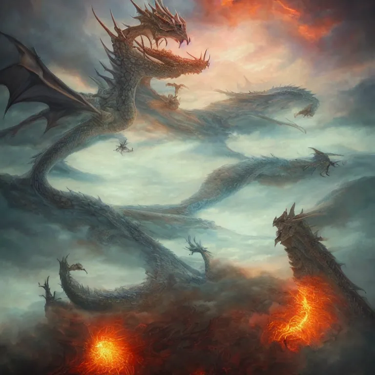 Image similar to huge dragon, fire, floating city on clouds, by wayne barlowe, peter mohrbacher, kelly mckernan, epic scene, 4 k, fantasy, colorful, environment, highly detailed