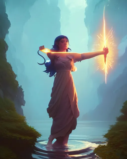 Image similar to highly detailed vfx portrait of a mage casting a water spell, unreal engine, greg rutkowski, loish, rhads, beeple, makoto shinkai and lois van baarle, ilya kuvshinov, rossdraws, tom bagshaw, alphonse mucha, global illumination, detailed and intricate environment