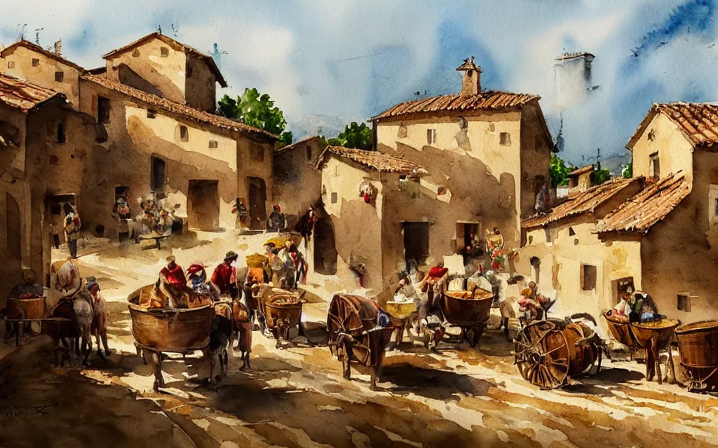 Image similar to beautiful watercolor painting by joseph zbukvic and alvaro castagnet, depicting a wine harvesting on a sunny day in a little italian village