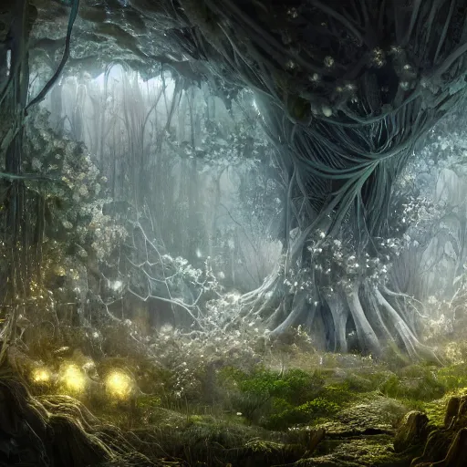 Image similar to biocomputer heart organ intertwined with white biocomputer flowers in a biomechanical cave forest, intricate environment, matte painting, diffused lighting, highly detailed cinematic, atmosphere, diffused lighting, highly detailed digital art, trending on artstation, depth of field, wide angle