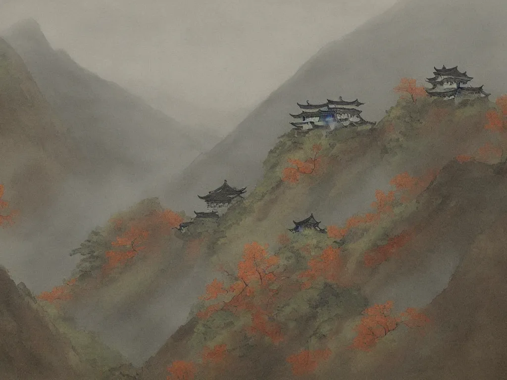Prompt: landscape painting of wudang mountain on a foggy day by shenzhou 沈 周