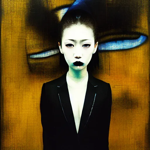 Image similar to yoshitaka amano blurred and dreamy realistic three quarter angle portrait of a young woman with black lipstick and black eyes wearing office suit with tie, david lynch abstract patterns in the background, satoshi kon anime, noisy film grain effect, highly detailed, renaissance oil painting, weird portrait angle, blurred lost edges