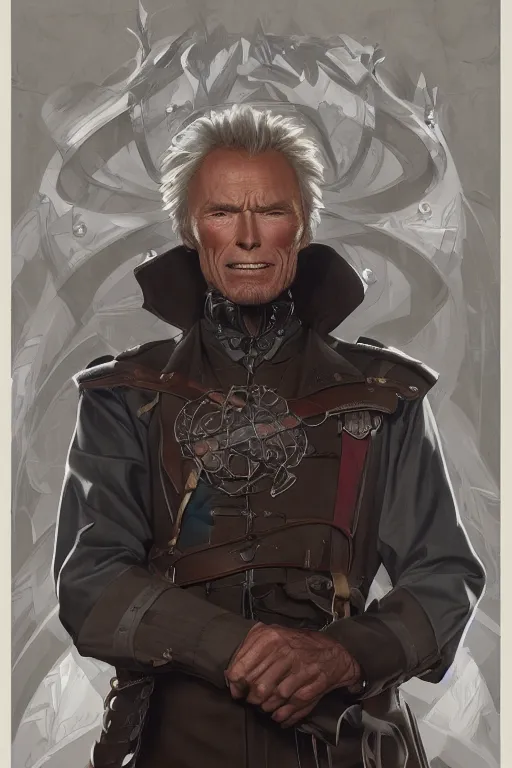 Image similar to clint eastwood as full metal alchemist, portrait, western, duster, fantasy, intricate, elegant, highly detailed, digital painting, artstation, concept art, sharp focus, illustration, art by artgerm and greg rutkowski and alphonse mucha