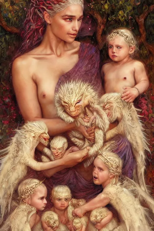 Image similar to portrait of daenerys targaryen surrounded by three baby dragons. art by gaston bussiere and tomacz alen kopera.