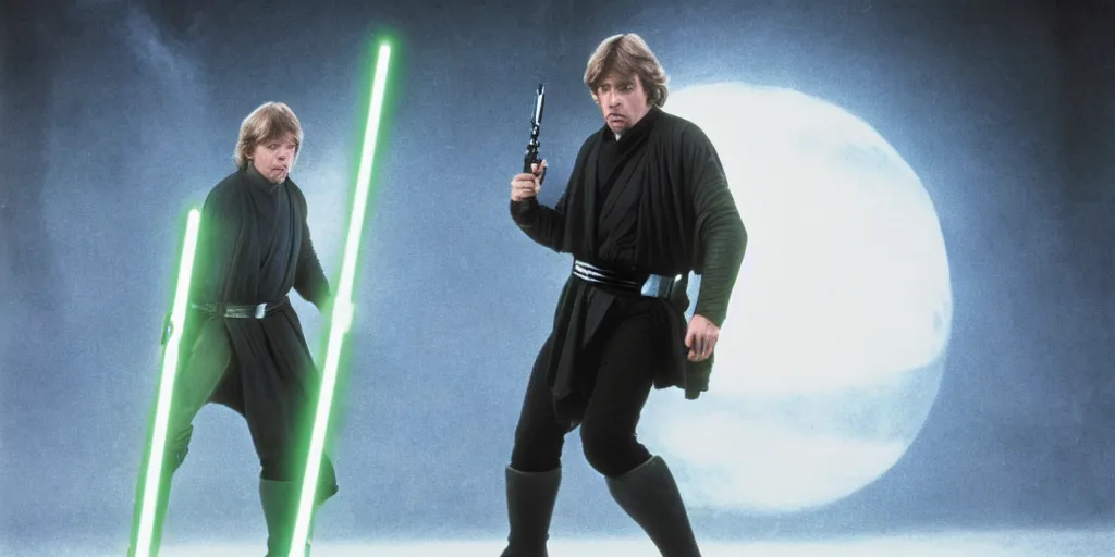 Image similar to Luke Skywalker Return of the jedi costume played by Mark Hamill 1983, standing alone, full body shot, motion blur, sequel trilogy 80s, green lightsaber, heroic pose, running through battle ultra realistic, 4K, movie still, UHD, sharp, detailed, cinematic, render, modern