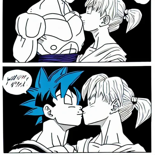 Prompt: Goku and Bulma sharing a romantic kiss