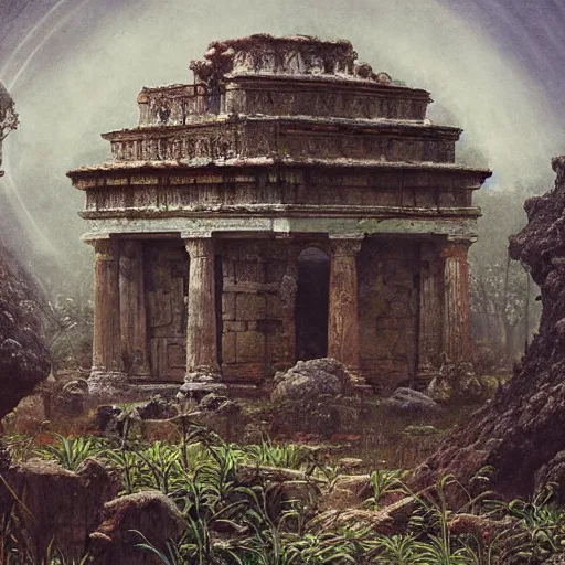 Image similar to ancient greek overgrown temple surrounded by wildlife, by beksinski, gustave moreau, bosch, retro fantasy illustration, highly detailed, photorealistic, illustration, matte painting, 8 k