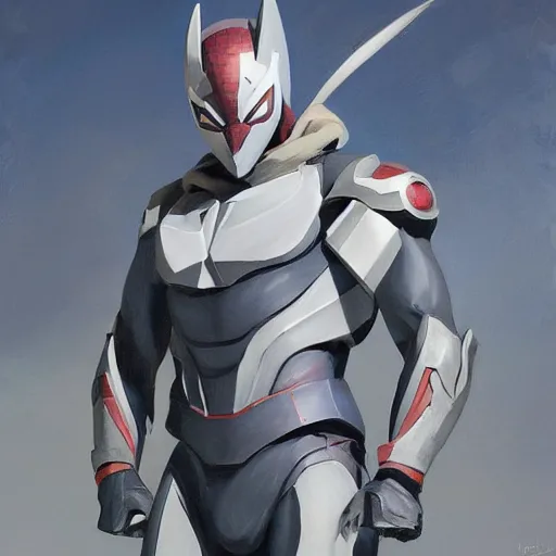 Image similar to greg manchess portrait painting of armored spiderman ultraman grey fox from metal gear cyborg gay japanese - american hybrid as overwatch character, medium shot, asymmetrical, profile picture, organic painting, sunny day, matte painting, bold shapes, hard edges, street art, trending on artstation, by huang guangjian and ail elvgren and sachin teng