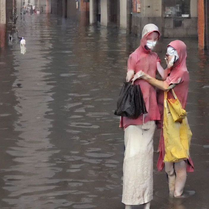 Image similar to two women hugging with a paper bag over the head, dressed in plastic bags, on flooded street of tokyo, highly detailed, artstation, art by , edward hopper, zdislav beksinski, wayne barlowe