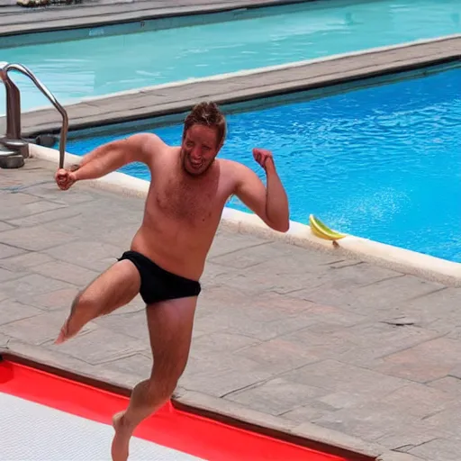 Image similar to a man in a speedo is jumping into an outdoor pool filled to the brim with lemons. photo.