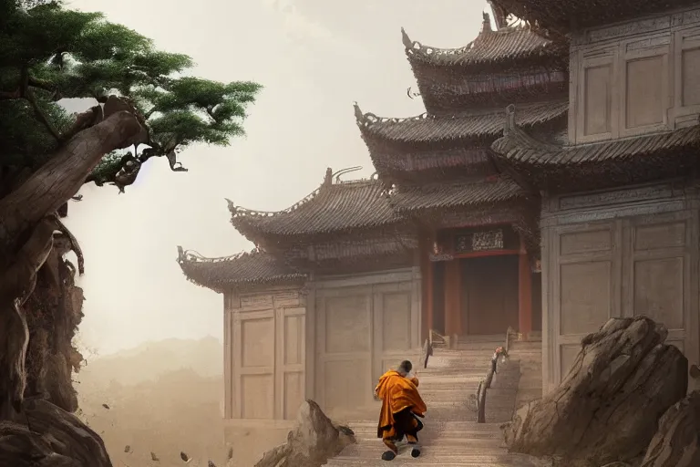 Prompt: A MONKEY dressed as a shaolin monk, standing in front of an ancient chinese palace, cinematic lighting, artstation, greg rutkowski