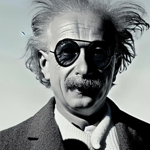 Image similar to einstein wearing black aviators and reading relativity is a dumb approach on beach