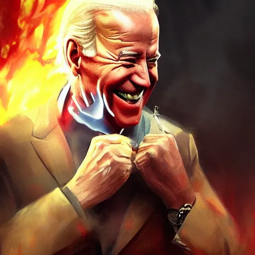 Image similar to joe biden smiling with blood in his face while behind him the world is burning, dramatic lighting, cinematic, establishing shot, extremly high detail, photorealistic, cinematic lighting, artstation, style by James Gurney