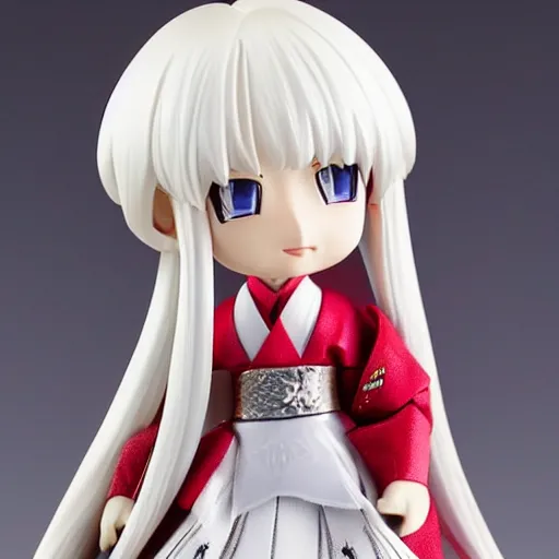 Prompt: a japanese princess young lady, with white hair and bangs!!!! beauty, anime action figure, well lit, studio light, painted action figure, toy advertisement