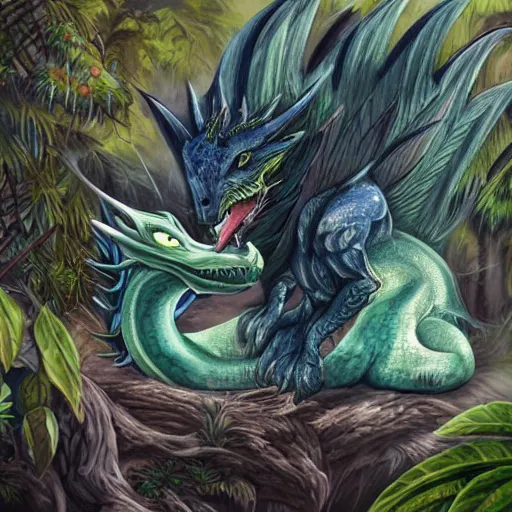 Prompt: A green, blue dragon with an elegant and long body and wolf like face, it has fur and leathery wings, sitting on a clearing in a flowery, jungle, detailed, mtg, realistic