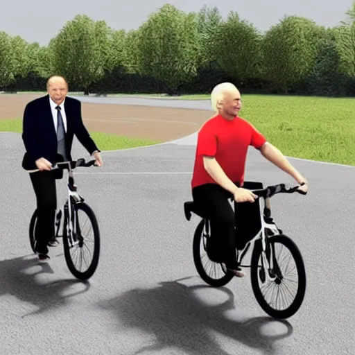 Image similar to realistic render of vladimir putin and donald trump riding a tandem bike