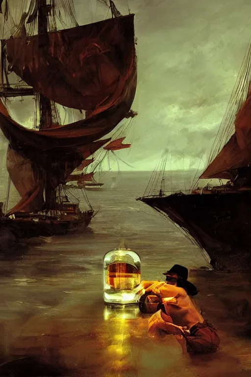 Prompt: a ship in a bottle but instead of a ship it is jack nicholson in the bottle, painting by caravaggio, ruan jia, jakub rebelka, artgerm, greg rutkowski, edgar maxence