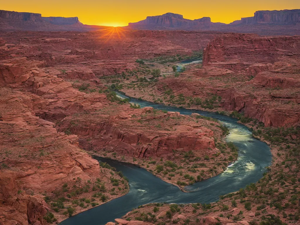 Image similar to “a river bend running through a canyon surrounded by desert mountains at sunset, moab, utah, a tilt shift photo by Frederic Church, trending on unsplash, hudson river school, photo taken with provia, national geographic photo”