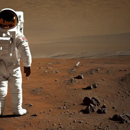 Prompt: Detailed photo of an astronaut seen from behind, he is standing on top of mount Venus on Mars, he is watching the Starship Super Heavy landing at the background