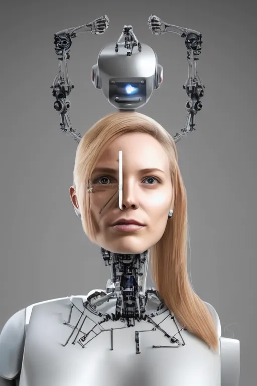 Image similar to robot with human face, female head, full body angle, woman human face, human face realistic, beautiful blonde hair, human head, human head with blonde hair, blonde hair human head, blonde hair, human realistic face, human head skin, cyborg frame concept, cyborg by ales-kotnik, sci-fi android female, the body is made of wires, robotic body, cyborg body, cyborg bust body, robot body cyborg, full body