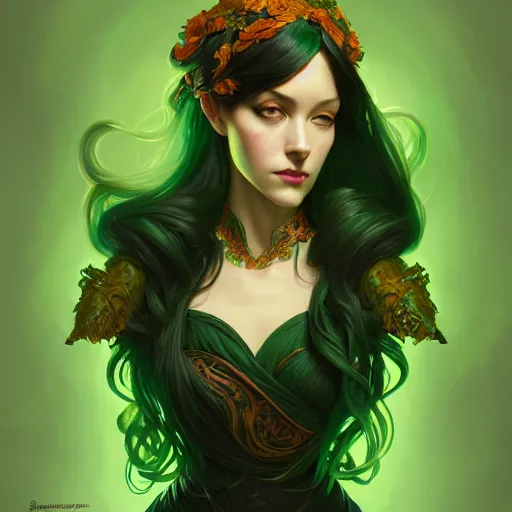 Image similar to aristocrat, green black orange color palette, black female, d & d, fantasy, intricate, elegant, highly detailed, long green hair, digital painting, artstation, octane render, concept art, matte, sharp focus, illustration, hearthstone, art by artgerm, alphonse mucha johannes voss