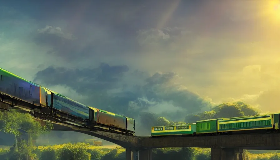 Prompt: futuristic cargo train driving over train bridge, green hills, matte painting, artstation, sunrise, blue sky, solarpunk