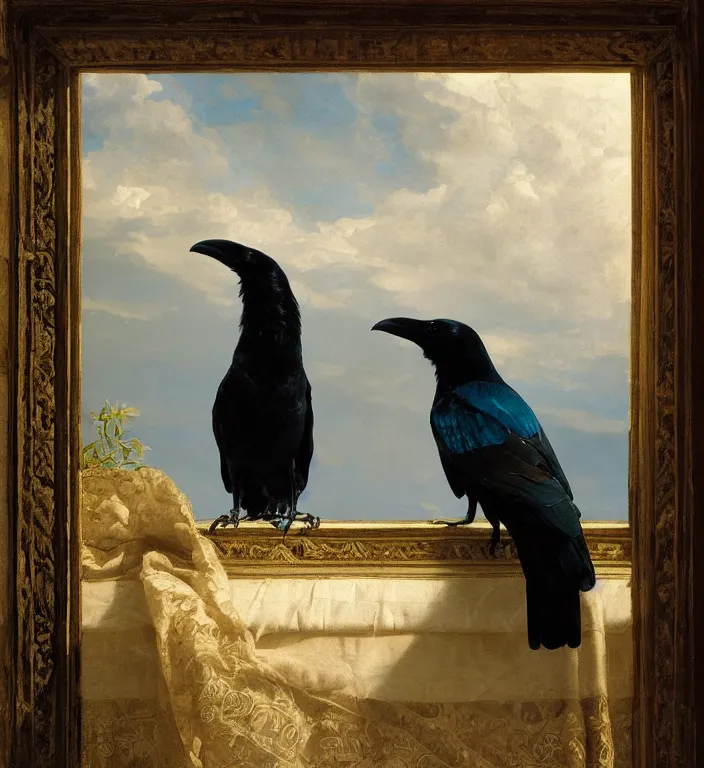 Image similar to a beautifully photoreal clear detailed victorian portrait of a close up raven on a victorian windowsill with an ornate velvet dark teal curtain at beautiful sunset daytime nature sunlit painting by frederic leighton and turner and rosetti and morris, 8 k, octane render