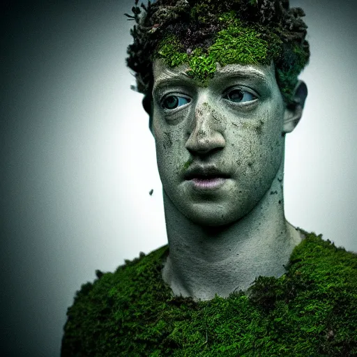 Image similar to Award-winning photograph by Mar Mann. The photo depicts a decaying roman bust of Mark Zuckerberg overgrown with moss at the bottom of the sea in the middle of ruins of civilization. Minimalism, high definition, perfect composition. Deep sea picture. Very dark. Volumetric Lighting. Fish. Darkness. Ruins
