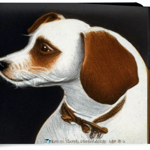 Prompt: closeup candid portrait of jack russel terrier thinking, illustrated by peggy fortnum and beatrix potter and sir john tenniel