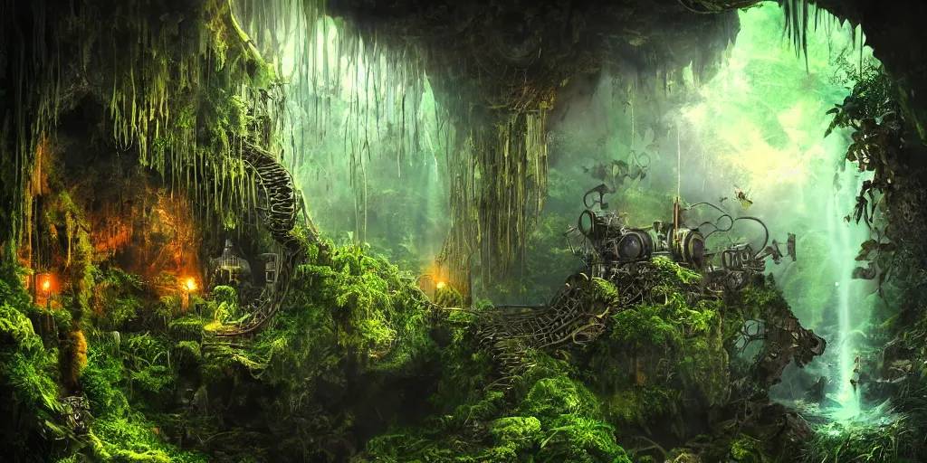 Image similar to magnificent mechanical steampunk bird looking eerily into a cave entrance with lush vegetation and mystical (((glowing algae))) in the sunset, light coming through from holes in the ceiling, waterfalls, desaturated, creepy ambiance, dangerous, sharp focus, highly detailed, artgerm