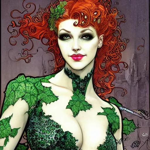 Image similar to a beautiful painting of poison ivy dressed as catwoman and catwoman dressed as poison ivy, intricate, elegant, highly detailed, digital painting, artstation, concept art, matte, sharp focus, illustration, art byby rebecca guay and by arthur rackham and by alphonse mucha and by john william waterhouse, comic book style!!