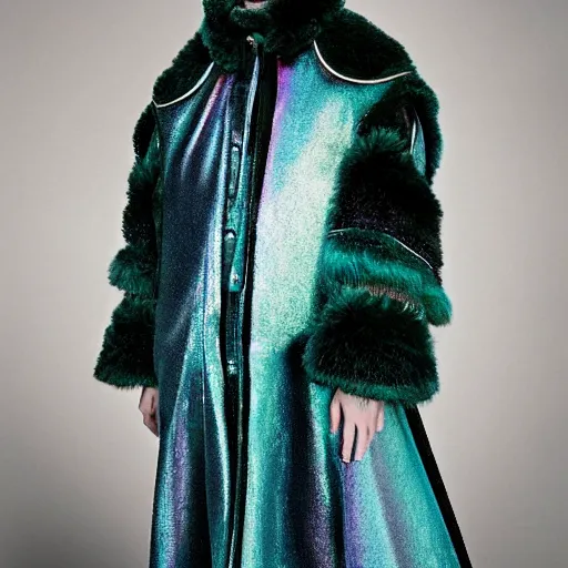 Image similar to an award - winning editorial photo of a cropped baggy medieval jacket made of very fluffy teal faux fur : : with a reflective iridescent leather oversized collar, dramatic lighting, designed by alexander mcqueen