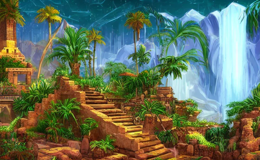 Prompt: ancient egypt structure with plants and waterfalls, epic retrowave art, trending on art station