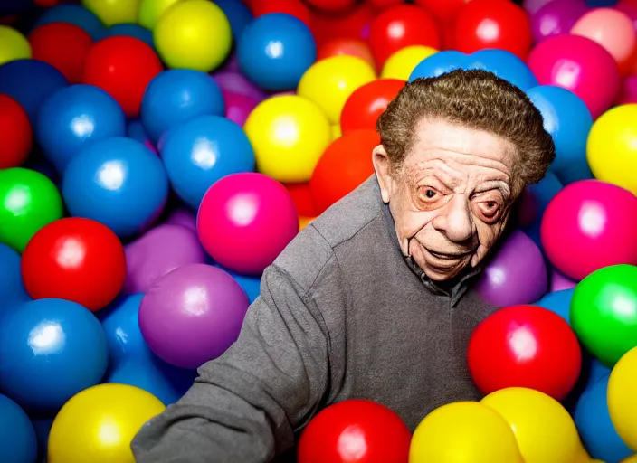 Prompt: photo still of jerry stiller in a ball pit!!!!!!!! at age 4 6 years old 4 6 years of age!!!!!!!! hiding from parents, 8 k, 8 5 mm f 1. 8, studio lighting, rim light, right side key light