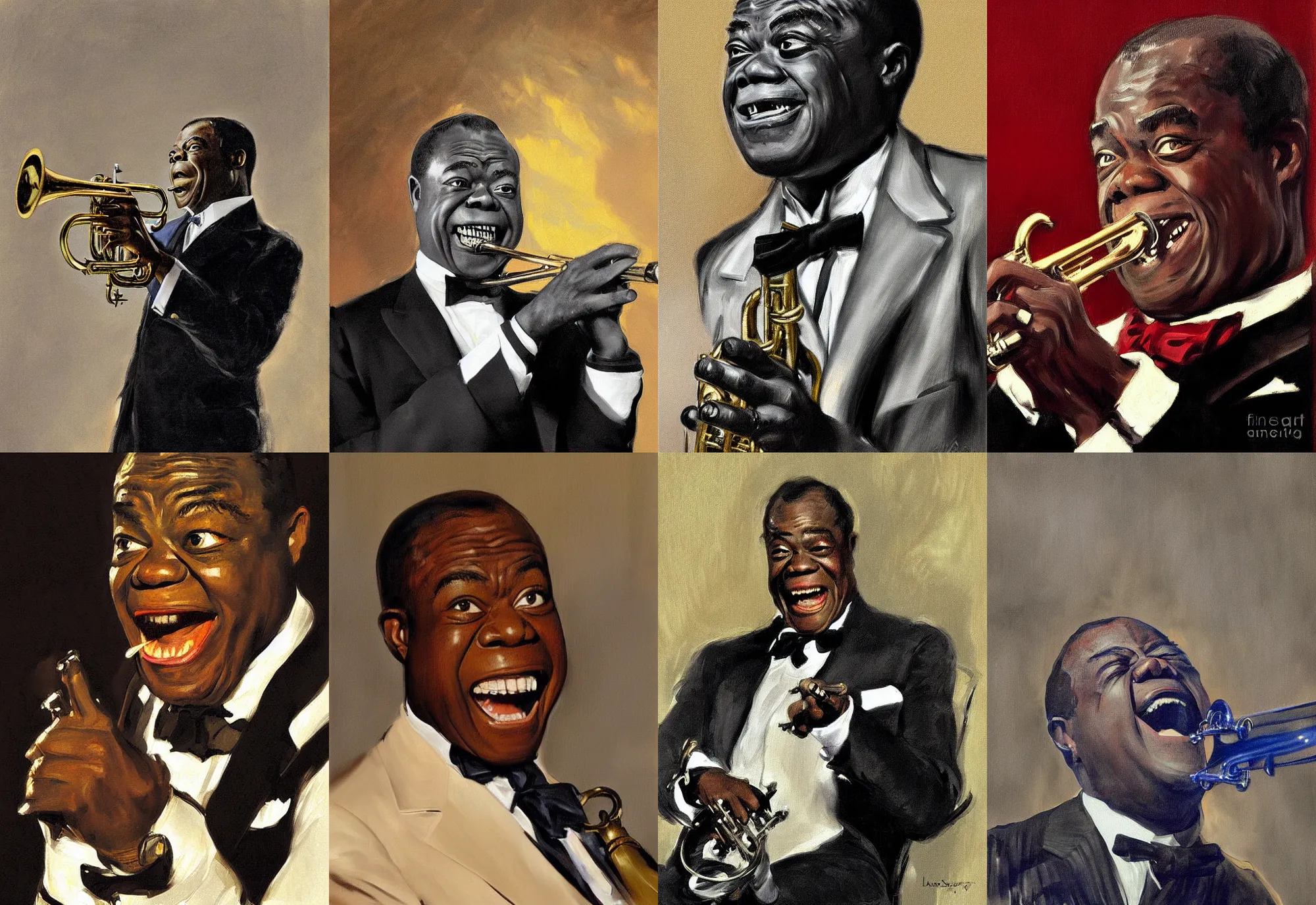 Prompt: a portrait of louis armstrong telling a joke, by john singer sargent, dramatic lighting, highly detailed digital painting