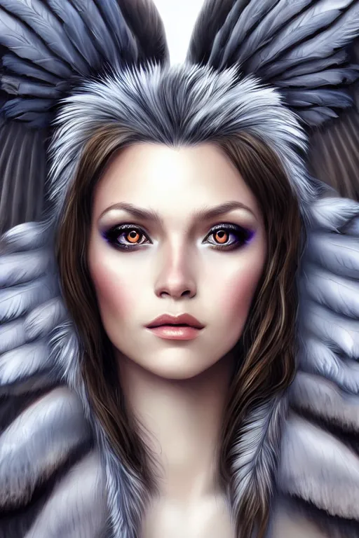 Image similar to head and shoulders portrait of a harpy, eagle wings, feathers, beautiful, female, magical, high fantasy, d & d, by artgerm, face details, extremely detailed, digital illustration