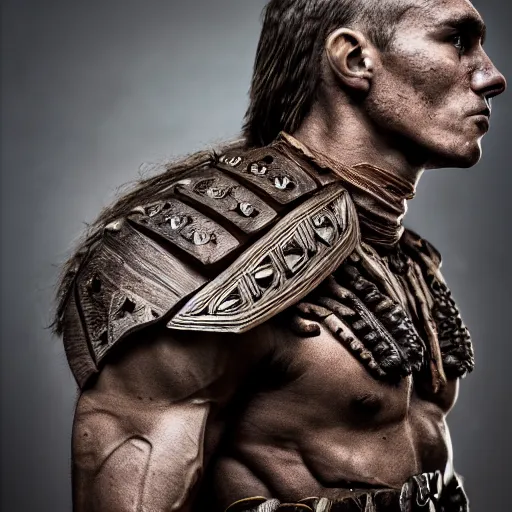 Image similar to muscular warrior with bark skin wearing intricate stone and wood armor, battlefield, highly detailed, dramatic lighting, cinematic, sci - fi, hyperrealistic, detailed