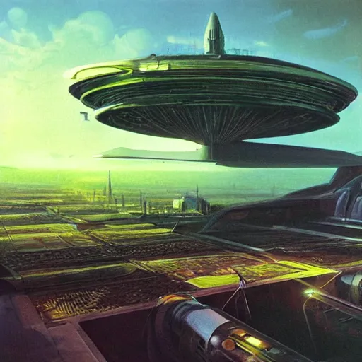 Image similar to beautiful matte painting album cover art of green gardens with roads on a futuristic sci-fi space station, cinematic angle, cinematic lighting, blue sky, by Syd Mead, John Harris, Federico Pelat