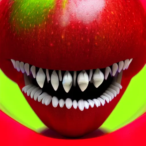 Image similar to An apple with monster teeth, photorealistic, 4k, octane render