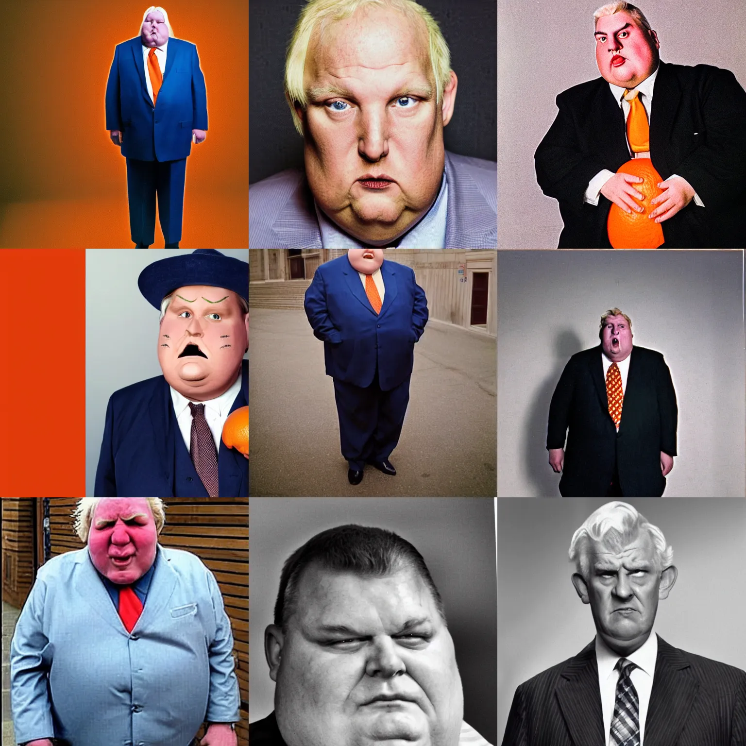 Prompt: photograph of a tall, angry, slightly obese man in his mid 7 0 s, with blonde hair and an orange face, wearing a dark blue suit, a white shirt, and a red tie