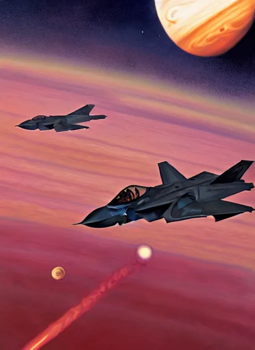 Image similar to poster artwork by michael whelan and tomer hanuka, a portrait, f 3 5 jets dogfighting in the clouds of jupiter, clean