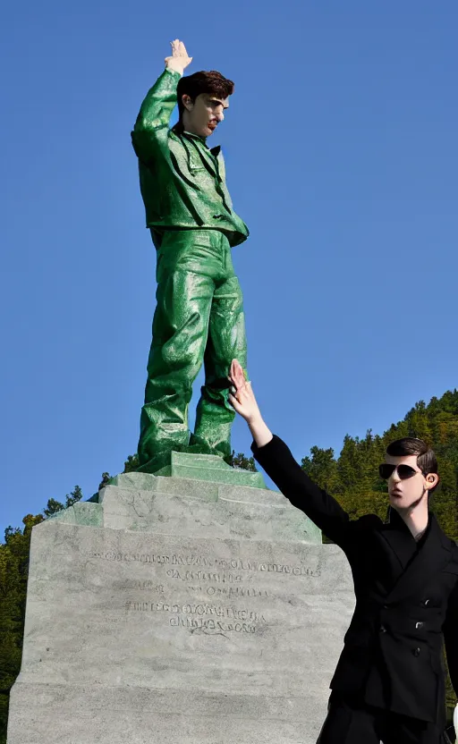 Image similar to alex turner waving the bulgarian flag at the shipka monument, realistic, dslr, 8 k