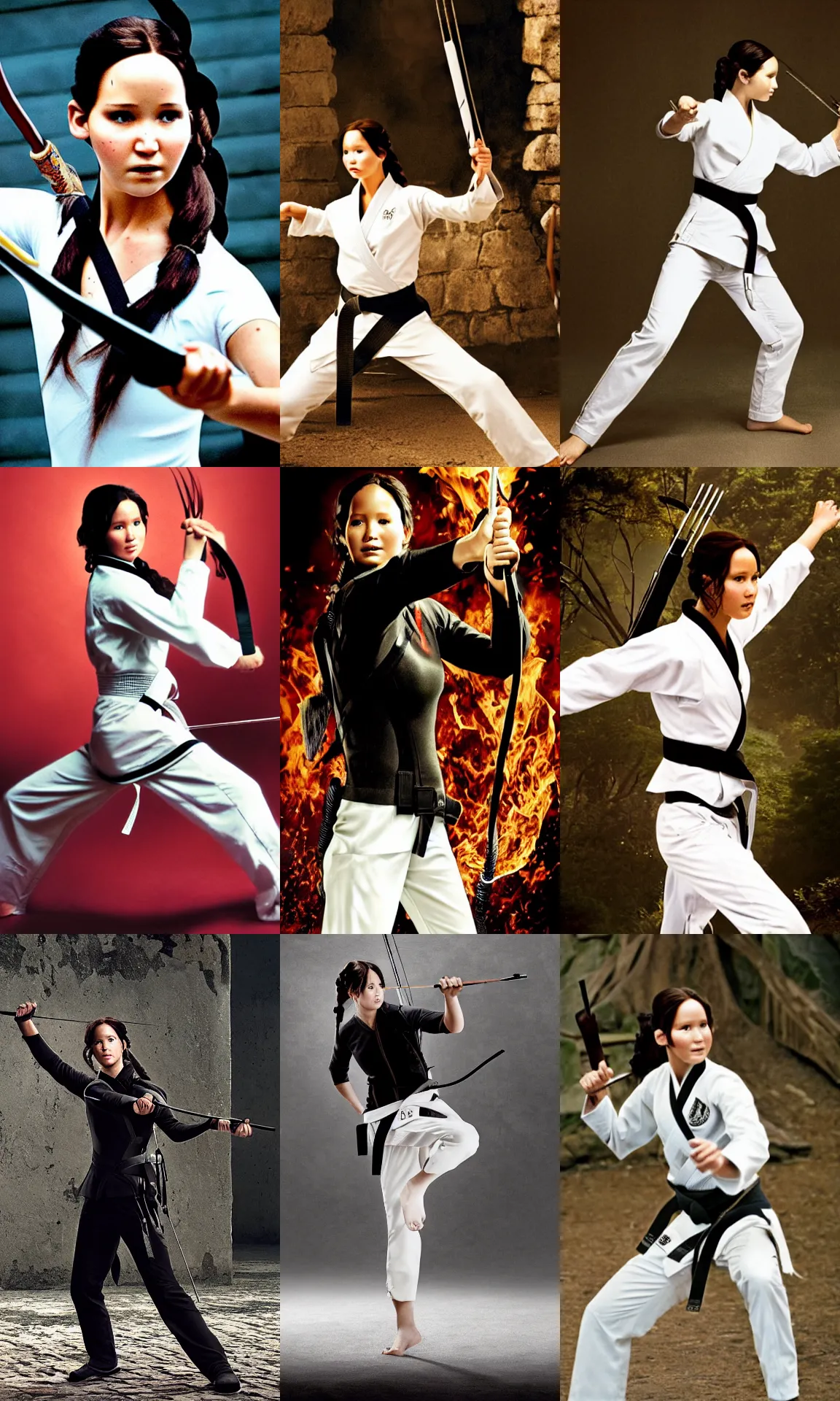 Prompt: katniss everdeen as a karate black belt, wearing a white gi, dynamic action photo portrait by steve mccurry