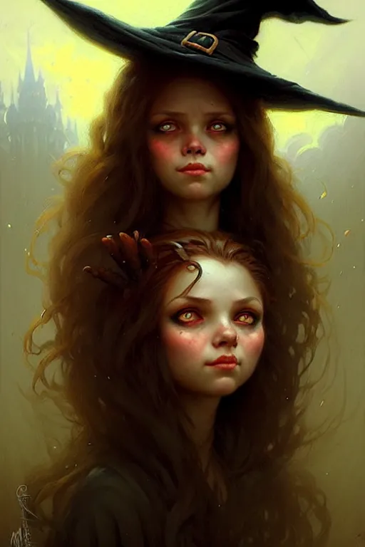 Image similar to cute girl witch portrait by anna podedworna, greg rutkowski, gaston bussiere, simon bisley